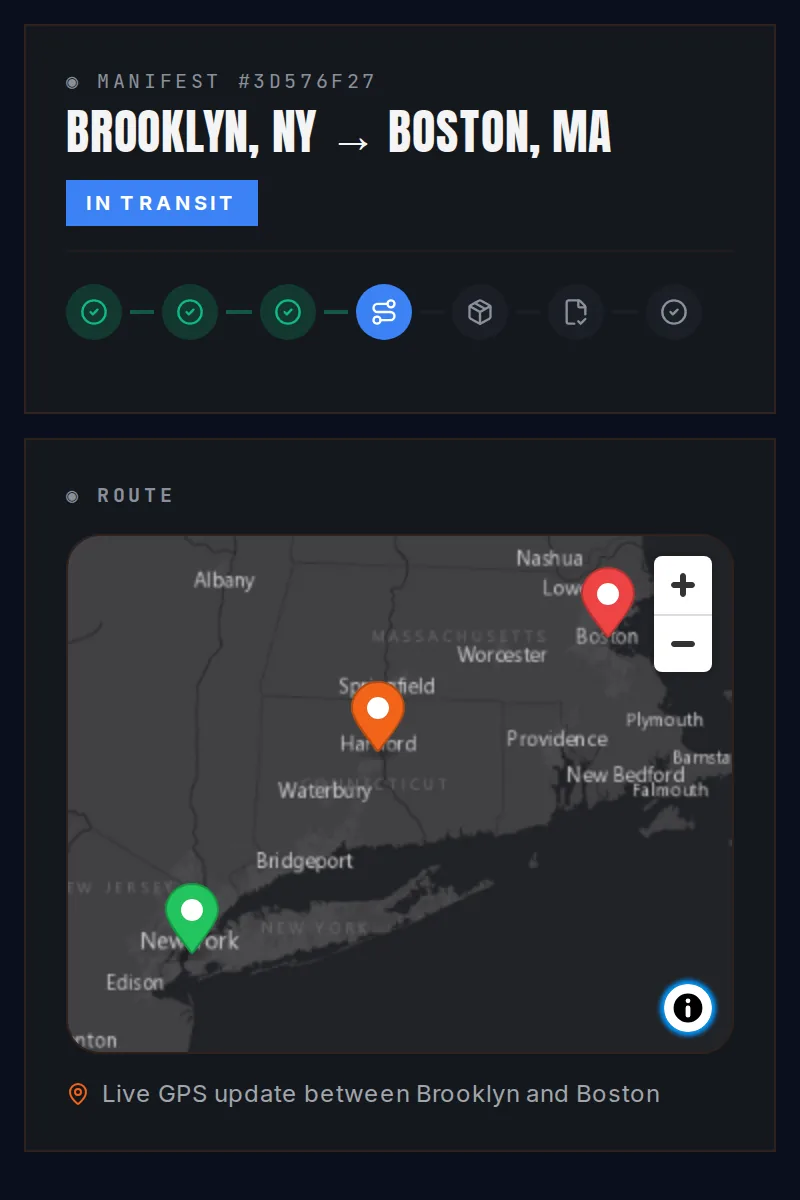 Shipment page in transit: map with pickup, the truck and the drop-off