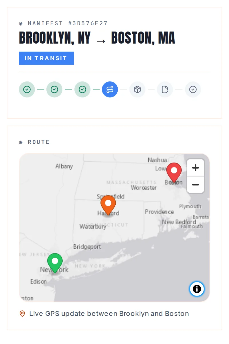 Shipment page in transit: map with pickup, the truck and the drop-off